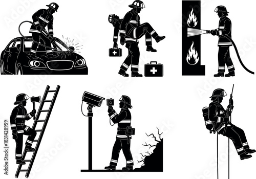 Firefighter silhouette rescue, emergency response, fire suppression, safety, bravery, teamwork, tools, danger, protection, action, flavector