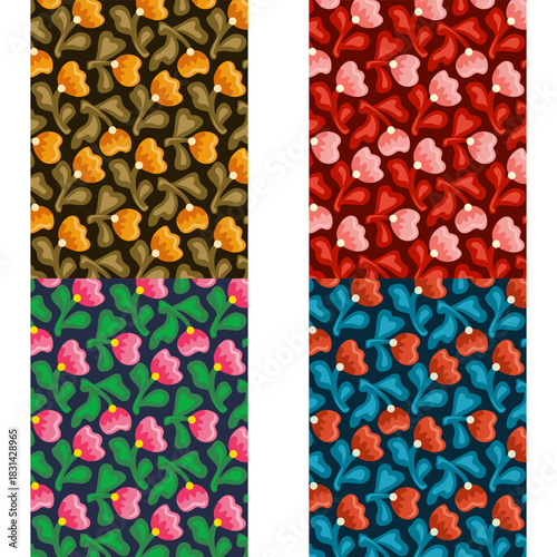 Four vibrant floral patterns with colorful blooms and green leaves