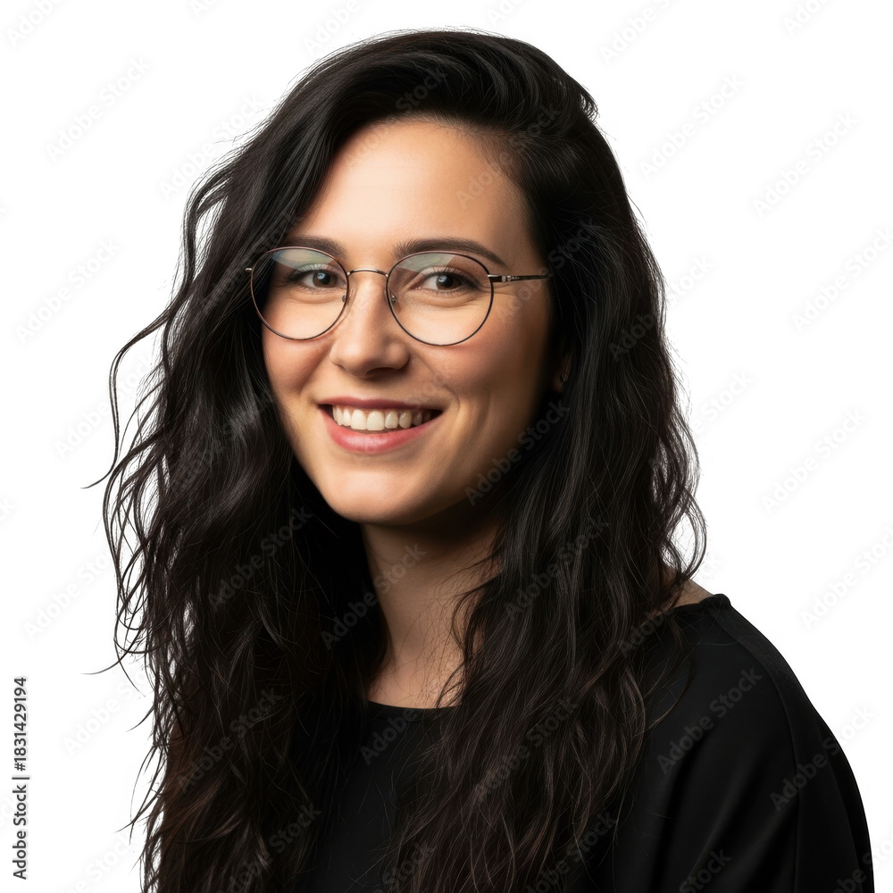Obraz premium Young woman with dark wavy hair and glasses smiling warmly wearing a black top isolated on transparent background