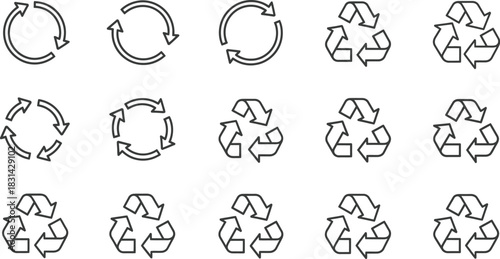 Collection of recycling symbols in various forms and circular arrangements