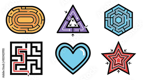 Six colorful maze illustrations in various geometric shapes set up