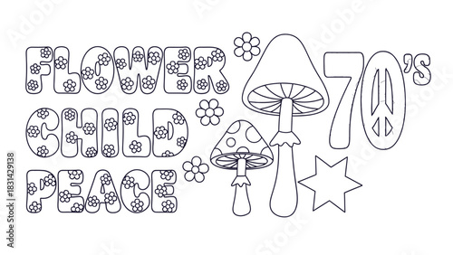 A groovy seventies illustration with flowers mushrooms and peace sign