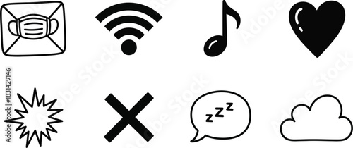 Collection of simple black icons depicting safety connectivity and daily life