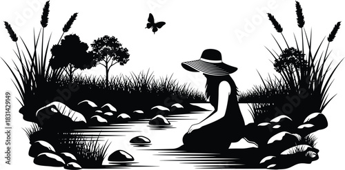 A woman by a stream in a serene landscape with a butterfly and wheat
