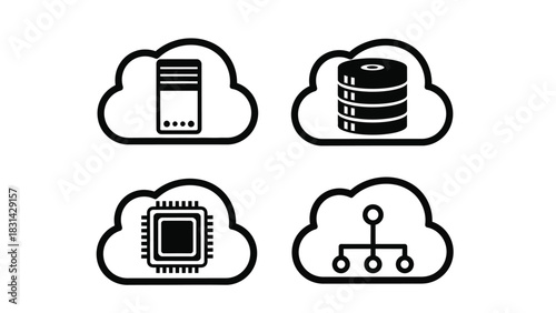 Four cloud icons representing server database chip and network node