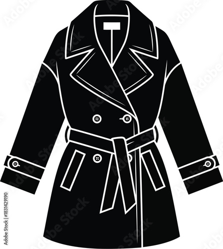 A black and white illustration of a long belted women s overcoat