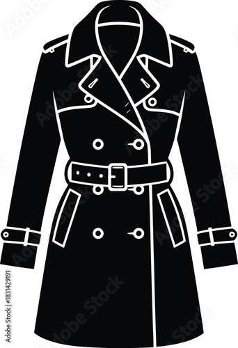 A black and white illustration of a classic women s trench coat design