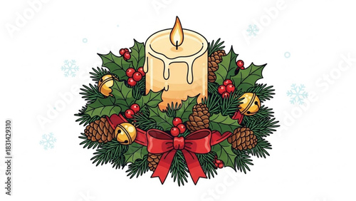 Christmas candle wreath with holly berries pine cones and jingle bells festive season holiday decoration image