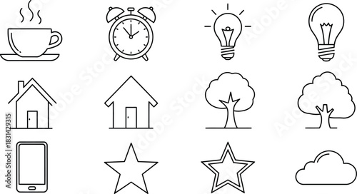 Simple line icons depicting everyday objects like coffee home and lightbulbs