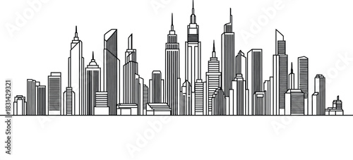 Detailed black and white skyline illustration of a modern city landscape