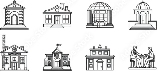 Line art illustrations of various historical buildings and architectural structures