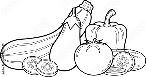 A black and white illustration of assorted fresh garden vegetables