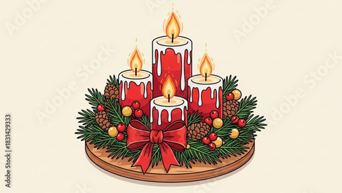 Festive christmas candles decoration with pine cones and berries for holiday season celebration design