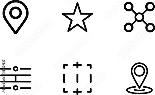 Set of Minimalist Line Icons including Location Pins, Star, Network, and Editing Tools