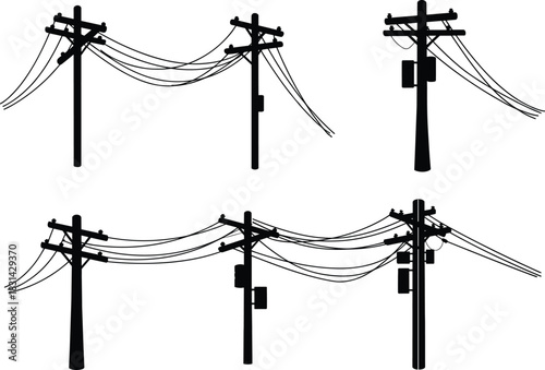 Flat vector illustration of utility poles with crossarms, transformers, power lines, urban electrical infrastructure silhouette