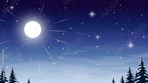 Winter night sky illustration with moon stars and shooting stars nature landscape christmas season artwork