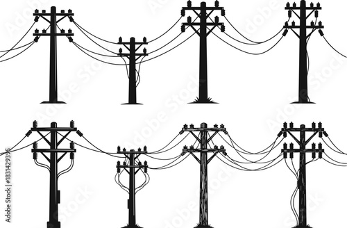 Flat vector illustration of utility poles with crossarms, transformers, insulators, power lines, urban infrastructure silhouette