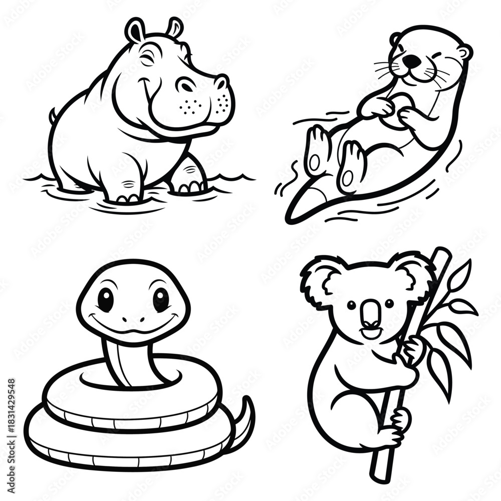Naklejka premium Cute Animal Character Set Hippo Otter Snake Koala