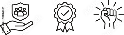 Empowerment icons, social responsibility, community support, quality assurance, flat design, vector illustration