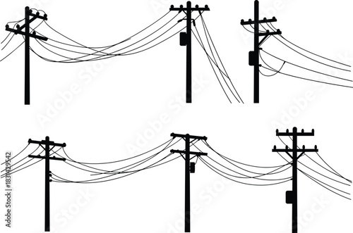 Flat vector illustration of utility poles with power lines, transformers, junction boxes, urban electrical infrastructure silhouette
