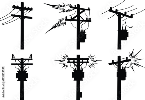 Flat vector illustration of utility poles with sparks, broken wires, transformers, electrical hazards, urban power infrastructure