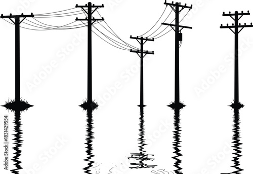 Flat vector illustration of utility poles with power lines reflected in water, urban infrastructure silhouette scene