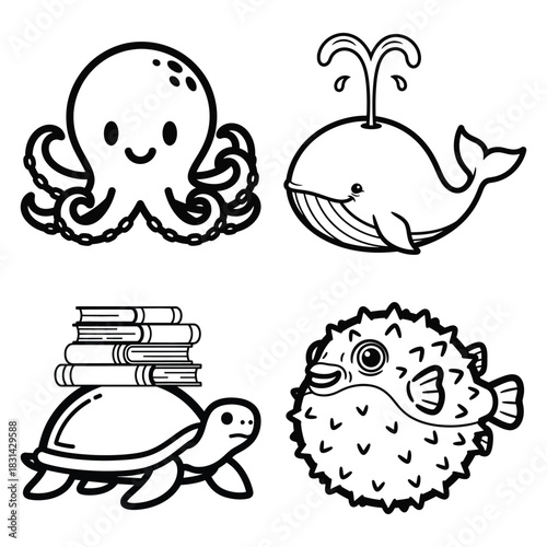 Cute Sea Animals Line Art Vector Illustration Set