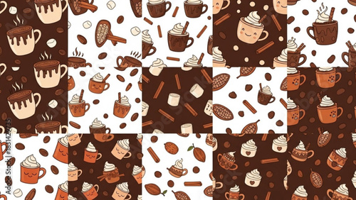 Seamless pattern of hot chocolate cocoa with marshmallows and cinnamon sticks for winter holiday season design