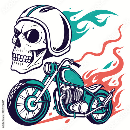 Vector illustration cool illustration of a skull wearing a helmet riding a chopper motorcycle with stylized flames in green and red colors