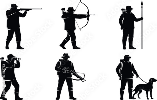 Hunter silhouettes with weapons, bow, rifle, spear, crossbow, dog, binoculars, outdoor gear, hunting poses - flavector
