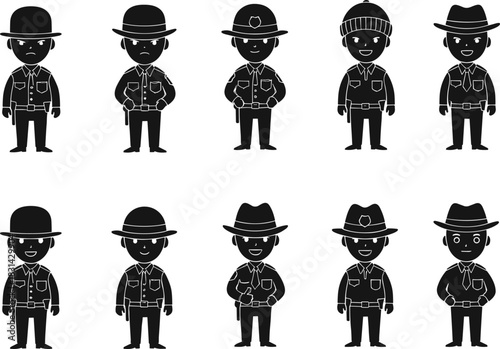 Law enforcement silhouettes, military officer characters, police uniform figures, security guard illustration, flat vector design art