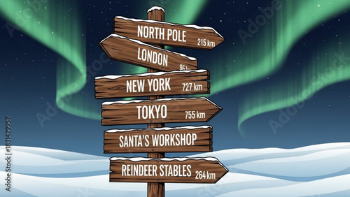 Christmas holiday destinations signpost to north pole london new york tokyo santa workshop reindeer stables