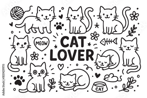 A simple monochrome vector backdrop with doodle cat themed icons, including cute outlines of kittens, paw prints, fish bones, and hearts, forming a fun and seamless pattern for cat lovers.