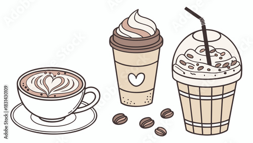 Vector illustration collection of three different coffee drinks including a latte with heart art, a whipped cream topped beverage, and a frappe with straw
