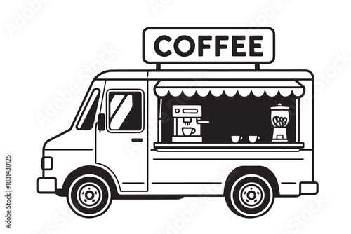 A clean vector illustration of a coffee shop food truck, designed with simple lines and a clear service window, representing a modern mobile café concept ideal for small business branding.