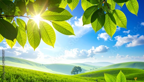 Sunny landscape, green leaves frame clear sky, rolling hills
