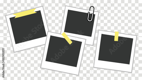 Vector illustration four blank instant photo frames with empty black space attached by paperclip and yellow tape on transparent background