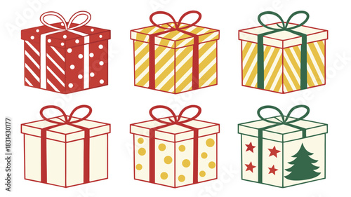 Vector illustration collection of six colorful christmas gift boxes with ribbons and bows