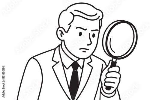 A vector illustration of a man holding a magnifying glass, leaning forward with focus as he examines details closely, symbolizing an active search concept in a clean, modern graphic style.