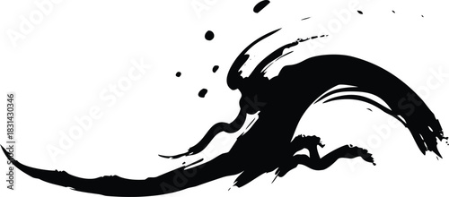 Vector illustration black ink brush stroke illustration of a powerful ocean wave cresting and splashing