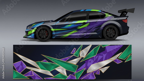 A sporty car with a vibrant, colorful circuit board-inspired graphic wrap design, showcasing the full pattern below.