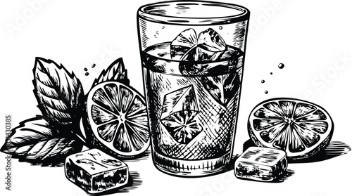 Vector illustration black and white sketch of a refreshing iced beverage with lemon or lime slices and mint leaves