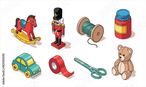 A colorful collection of isometric vector icons featuring vintage children's toys and hobby craft supplies, including a rocking horse, nutcracker, and teddy bear