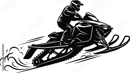 Monochrome illustration of a snowmobile with a rider in winter activity