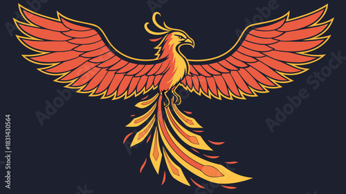Vector illustration vibrant illustration of a mythical phoenix bird with outstretched wings and fiery red and yellow plumage against a dark background