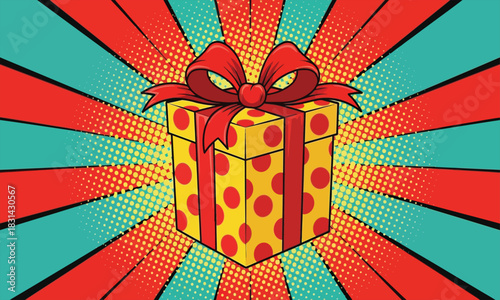 Colorful pop art style illustration of a yellow gift box with a red ribbon and bow on a radial background