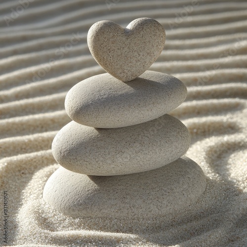 Stacked stones, heart-shaped top, textured sand