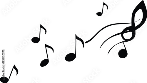 Vector illustration black and white musical notes and treble clef flowing diagonally across a