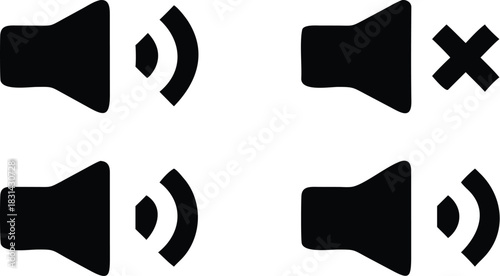 Vector illustration set of four black speaker volume icons showing different levels full volume, medium volume, low volume, and muted sound