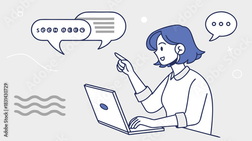 Vector illustration young woman pointing at laptop screen while engaging in online chat or communication with password security concept